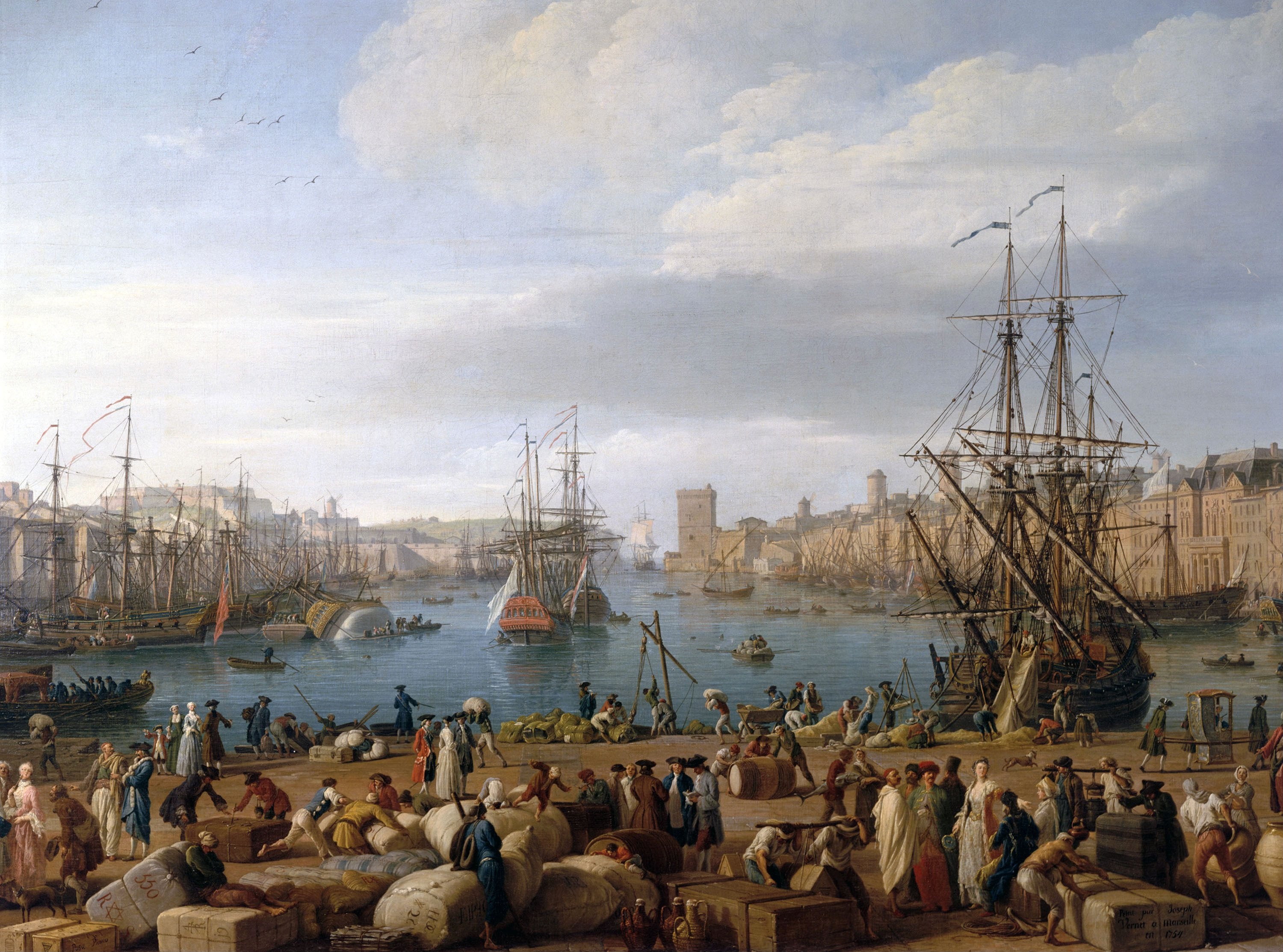 A bustling 18th-century view of the inner port of Marseille from the Pavilion of the Clock, with Levantine traders in turbans, French sailors, and a forest of ship masts.